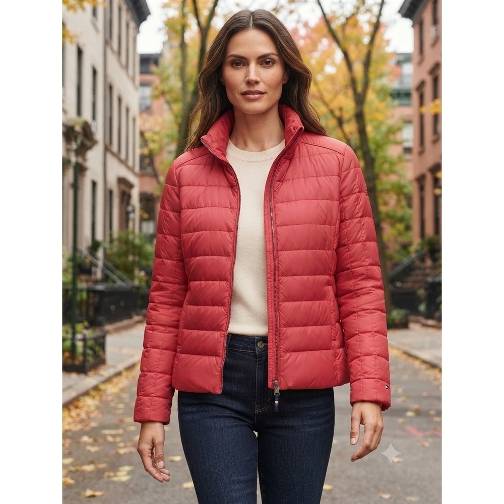 Tommy Hilfiger Packable Lightweight Down Puffer Jacket Full Zip Women's XL Red